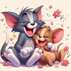 two cartoon characters hugging each other with flowers in the background