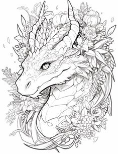 a drawing of a dragon with flowers on it's head