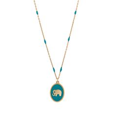 The Powerful & Lucky Elephant Gold & Turquoise Chain Necklace is a testament to the harmonious blend of elegance and symbolism. It's a reflection of the gentle strength within you and a reminder of the majestic beauty that surrounds us. Crafted with meticulous attention to detail, this necklace features a sterling silver chain luxuriously coated with 18K gold plating. The turquoise enamel chain adds a pop of color reminiscent of clear skies and tranquil waters, infusing the necklace with a sense of calm and serenity. Whether you wear it to channel the energies of the spirit elephant, express your individuality. Details 18K gold plated on sterling silver Turquoise enamel Necklace length 18" and 2'' extender Pendant height 0. 7'' Pendant width 0. 6'' Avoid contact with chemicals, makeup, per Blue Medallion Jewelry With Adjustable Chain, Blue Pendant Necklace With Cable Chain, Blue Round Cable Chain Necklace, Blue Cable Chain Necklace For Gifts, Dad Jewelry, Lucky Elephant, June Birthstone Jewelry, Gifts For New Mums, Pearl Jewellery Earrings