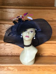 "✿*.Key Features.*✿ This is a wide loopy brim Hat with a big feather flower, fashion, elegant, beautiful. Great for Kentucky derby, weddings, church, Easter, Royal Ascot, horse races, cocktails, tea party, or any hat wearing occasion. Hat base size: From front to back appr: 20.5\" (52cm) From left to right appr: 20.5\" (52cm) Wide brim Appr: 6.5~8\"\" Head girth: 22.5\"(57cm), adjustable string inside to make smaller to fit your head. If you want other colors in this style, just search the same Black Fascinator For Royal Ascot Garden Party, High Crown Headpieces For Royal Ascot Races, Black Fascinator For Kentucky Derby Garden Party, Black Curved Brim Fascinator For Garden Party, Royal Ascot High Crown Costume Hats, High Crown Straw Hat For Kentucky Derby Party, High Crown Straw Hat For Kentucky Derby, High Crown Fascinator For Kentucky Derby And Church, High Crown Fascinator For Kentucky Derby Church Events