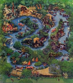 a painting of an amusement park surrounded by trees