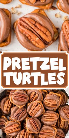 pretzel turtles with chocolate frosting and pecans in the background