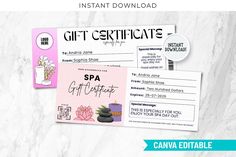 the gift certificate is displayed on top of a white marble background with pink and blue accents