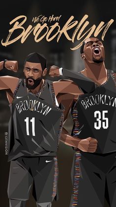 two basketball players in black uniforms with the words brooklyn on their chest and one holding his arm out