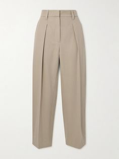 Brunello Cucinelli's pants are tailored from cotton and wool-blend twill in a cropped, tapered silhouette. They're pleated at the front for extra shape and have a high waist that calls for one of the label's leather belts. Elegant Cotton Pants For Office, Elegant Cotton Office Pants, Elegant Cotton Slim Fit Pants, Elegant Cotton Dress Pants For Fall, Elegant Fall Cotton Dress Pants, Tapered Pants, Pants Straight, Leather Belts, Brunello Cucinelli