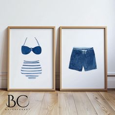 two framed pictures with swimsuits and sunglasses on them