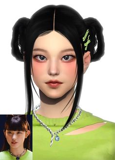 an animated image of a woman with long black hair and green shirt on her head