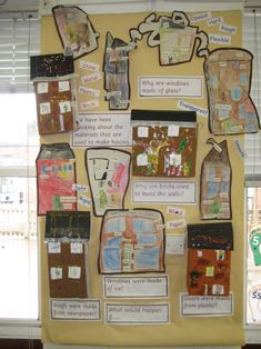 a bulletin board with pictures and words on it in front of a window covered by blinds