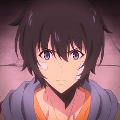 an anime character with dark hair and blue eyes looks at the camera while standing in front of a brick wall