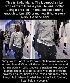 an ad with the caption that reads, this is sadio mane the liverpool player who earn million a year - he was spotted using a cracked iphone, despite earning enough to buy