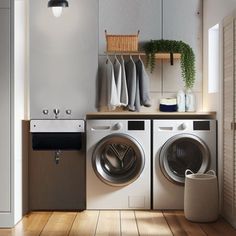 a washer and dryer in a room with wood flooring on the side