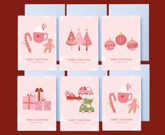 six christmas cards with pink and green designs