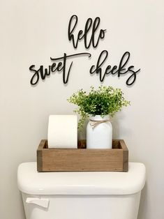 a white toilet sitting in a bathroom next to a wooden box filled with toilet paper