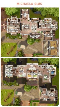 an aerial view of a house with two levels and the names of different rooms on each level