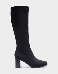 Wide Width Heels, Cat Boots, Gabardine Fabric, Knee Boot, Dear Santa, Boots For Sale, Heel Type, Black Stretch, Back Strap