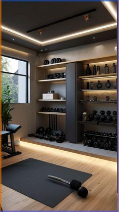 an exercise room with yoga mats and shelves