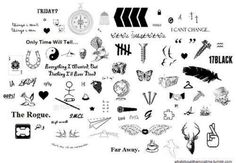 an assortment of different tattoos on a white background with black and white writing in the middle