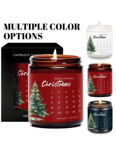 two candles are next to each other with christmas trees on them and the words, multiple color options