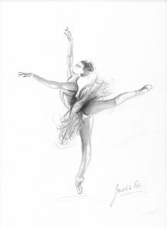 a pencil drawing of a ballerina in the middle of a dance pose with her arms outstretched