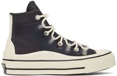 High-top canvas sneakers in grey. Transparent rubberized trim throughout. · Round rubber cap toe · Lace-up closure · Logo bonded at inner side · Rubberized trim at welt · Rubber midsole with logo patch at heel · Treaded rubber outsole Supplier color: Storm/Wind | Converse Grey Chuck 70 Utility Hi Sneakers Converse For Women, Pinterest Predicts, Fit Outfits, Blue High Tops, Chuck 70, Sneakers Blue, Women's Converse, Boots And Sneakers, Annual Report