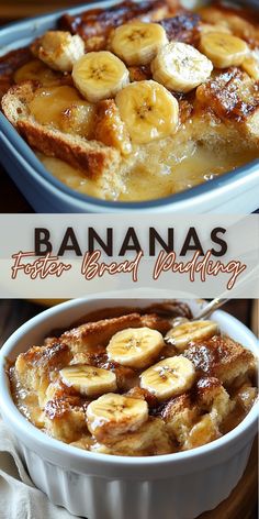 banana bread pudding in a blue dish with text overlay that reads, bananas foster bread pudding