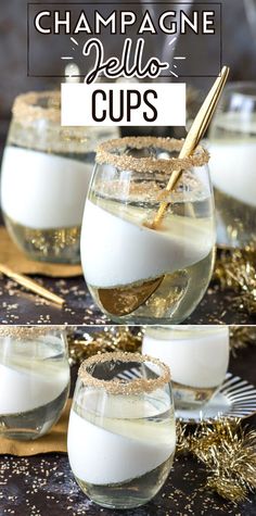 champagne jello cups with gold sprinkles in them and the words champagne jello