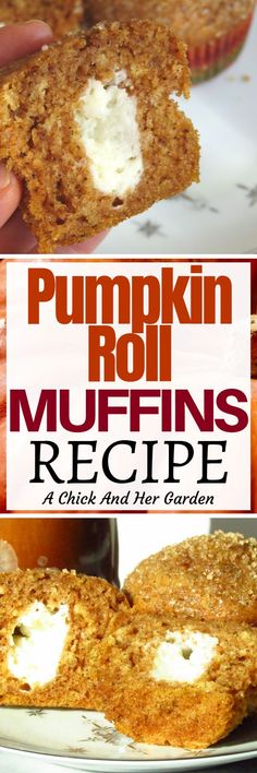 pumpkin roll muffins recipe with cream cheese on top and in the background, there is a hand holding one