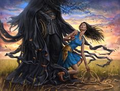 a woman in a blue dress standing next to a giant black demon