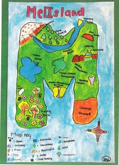 the map for melis land is drawn in green and blue with words on it