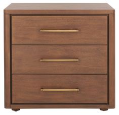 a wooden nightstand with three drawers and brass handles