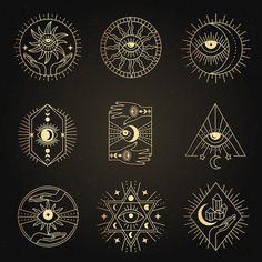 six different types of hand drawn symbols on a black background with stars and moon in the middle