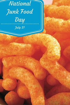 the national junk food day logo is overlaid with fried cheetos in blue and white