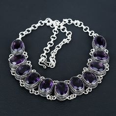 Amethyst Gemstone Handmade 925 Sterling Silver Jewelry Set Necklace, Antique Purple Amethyst Bracelet Necklace For Women, Necklace For Gifts ❏ Product Information ●Gemstone - Purple Amethyst ● Secondary Gemstone - Purple Amethyst ● Necklace Size - 20 Inches Approx. ( Adjustable Length ) ●Bracelet Length: 8 Inches Approx. ( Adjustable Length ) ●Stone Size: 18 X 25 MM ●Style: Vintage-inspired, perfect for both casual and formal occasions ●Handmade: Each piece is handcrafted with care and attention Stamped 925 Amethyst Necklaces, Purple Amethyst Necklaces Stamped 925, Amethyst Purple Necklaces Stamped 925, Silver Amethyst Stone Necklace, Silver Jewelry Set, Necklace Antique, Silver Jewellery Sets, Women Necklace, Set Necklace