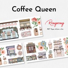 coffee queen stickers are displayed on a white background with pink flowers and potted plants