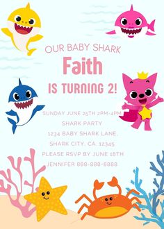 a baby shark and other animals are on the beach with text that reads our baby shark faith is turning 2