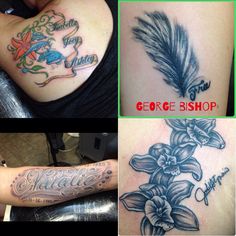 four different tattoos that include flowers and feathers