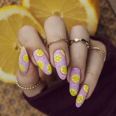 Fruit Nail Designs, Lemon Nails, Nail Design Glitter, Fruit Nail Art, Purple Lily, Nails Purple, Cute Nail Art, Minimalist Nails, Nail Art Summer