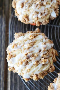 a close up of a muffin on a cooling rack