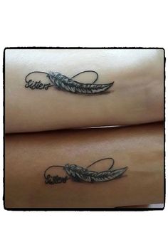 two people with tattoos on their arms and feet, one has a feather tattoo on the other