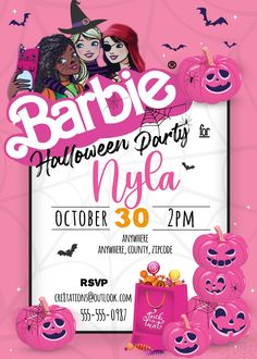 Get ready to scare up some fun with Barbie this Halloween! This invitation, featuring everyone's favorite fashionista, is perfect for your spooky celebration. With its cute and quirky design, it's sure to bring a smile to all your guests' faces. Join Barbie for a boo-tiful time! Size: 5x7 Try before you buy Corjl Demo: https://www.corjl.com/d/62N3O Look out for an email after you purchase the invitation. it will come from orders@corjl.com.Create a free account, edit and download If you have any Barbie Halloween, Halloween Invitation, Bee Party, Cowgirl Party, Barbie Party, Safari Party, Harry Potter Party, Halloween Invitations, Quirky Design