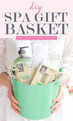 a woman holding a green bucket filled with soaps and hand lotion in it that says diy spa gift basket