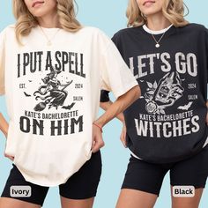 Get ready for the ultimate Witch Halloween bachelorette party with our matching Comfort Colors tees! Perfect for a spooky celebration in Salem or a Gothic-themed bach party, these shirts are designed for the bride and her tribe. Featuring a retro witch and vintage apothecary love potion, they are a great way to celebrate a Halloween bridal party. Please note that all ivory shirts will feature the 'Spell' design, while all other colors will feature the 'Let's Go Witches' design. The red color is Salem Bachelorette, Spooky Bachelorette Party Ideas, Salem Bachelorette Party, Bachelorette Party Witch Theme, Bachelorette Witch Theme, Halloween Bachelorette Party, Bachelorette Spooky, Brides Coven Shirts, This Witch Is Getting Hitched Bachelorette