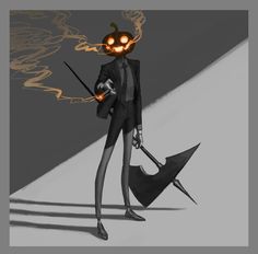 a man in a suit holding an umbrella and wearing a scary mask with flames coming out of his eyes