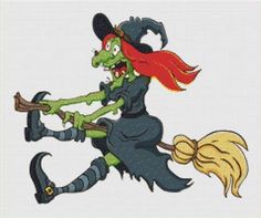 a cartoon witch flying on a broom with her hair blowing in the wind and smiling