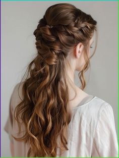 Discover stunning prom hairstyles with our guide to half up half down looks. Find the perfect balance of cute and simple, with styles to suit any hair length. Get inspired by elegant braids and waves for a night to remember. Half Up Hairstyles For Long Hair Formal, Bridal Half Up Half Down Hair Braid, Wedding Braid Crown, Funky Wedding Hair, Wedding Hair Inspiration Half Up, Long Princess Hair, Bridesmaid Hair Styles Half Up Half Down, Braid Hairstyles Half Up Half Down, Wedding Hairstyles For Bride Half Up