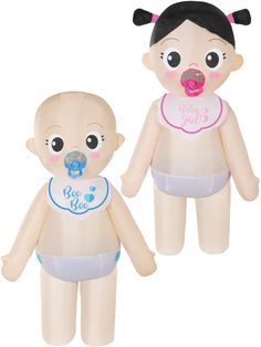 an inflatable baby doll is next to a stuffed toy that has a pacifier in its mouth