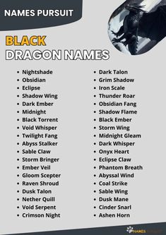 a black dragon names list with the names in english and spanish on it's side