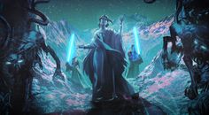 a man standing in front of two giant alien like creatures with lightsabens on