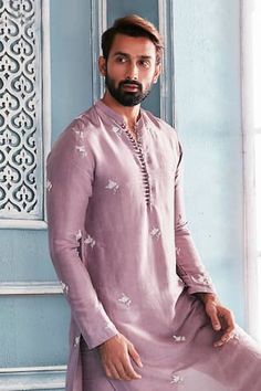 Buy Purple Kurta Chanderi Silk Hand Embroidered Lotus Kingdom Set For Men by Runit Gupta Online at Aza Fashions. Men Embroidery Kurta Design, Linen Kurta Men, Mens Kurta Embroidery Designs, Marriage Clothes, Men Sherwani, Hijab Quotes, Wedding Kurta For Men