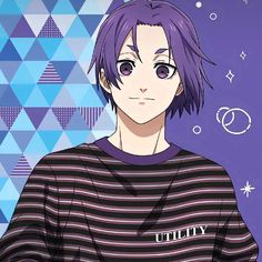 an anime character with purple hair and blue eyes standing in front of a colorful background